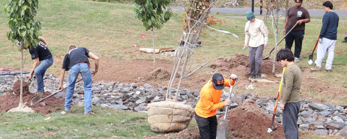 Students at Delaware Valley University plant trees as part of a 2025 Healing The Planet grant.