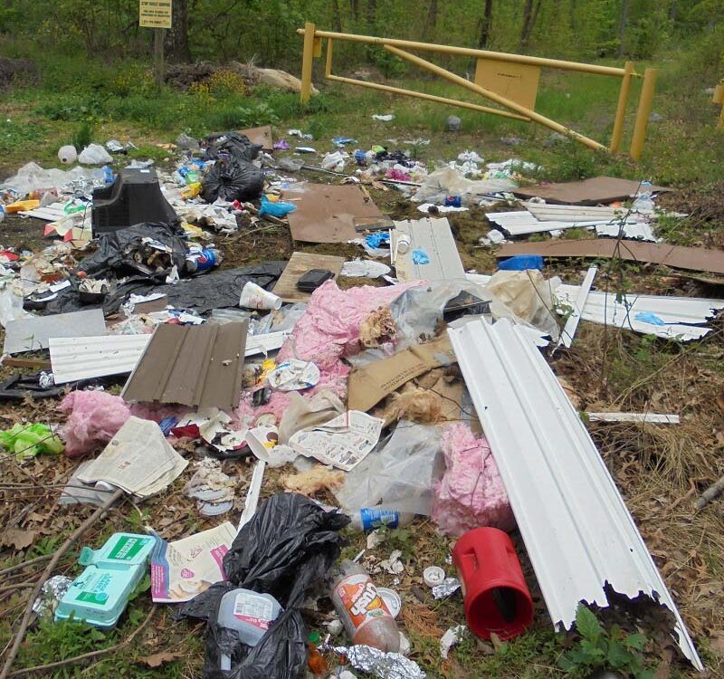 Illegally dumped trash in Michaux State Forest